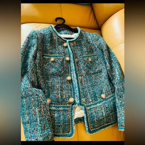 NEW！Women's Vintage Blue Plaid Wool Coat Autumn Winter Designer Elegant Pockets